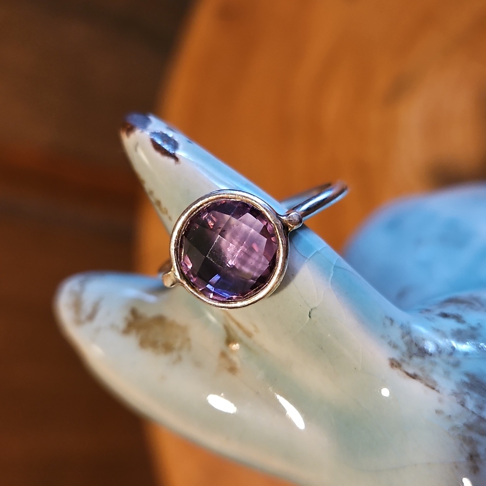 Amethyst Silver Ring Size 9.5 Facets Round Circle Precious Stone Purple
